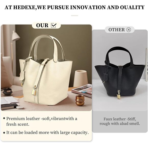 ⚡Women 07BeigeTrendy Genuine Leather Imported Bucket Bag Tote Top Handle Purses - Picture 2 of 6